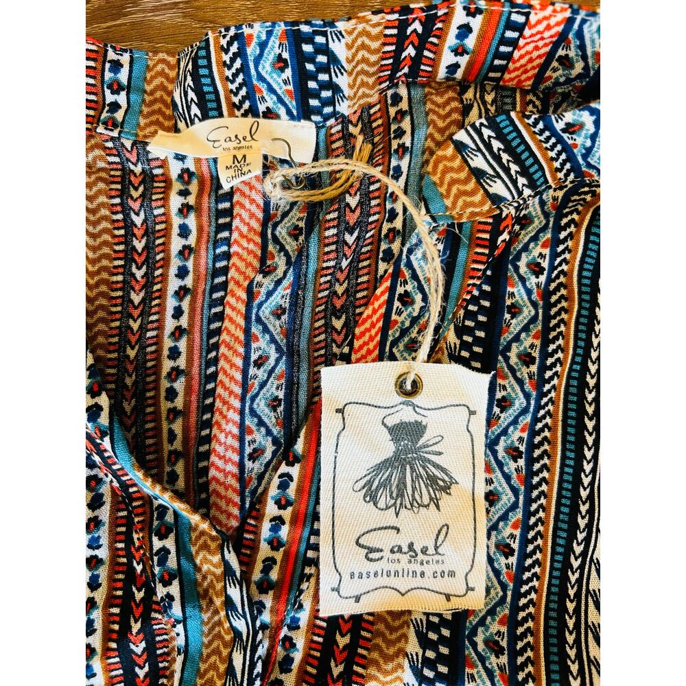 Easel Los Angeles Tiered Mini Dress Womens M Boho Rayon Tribal Print Pockets - Picture 6 of 9